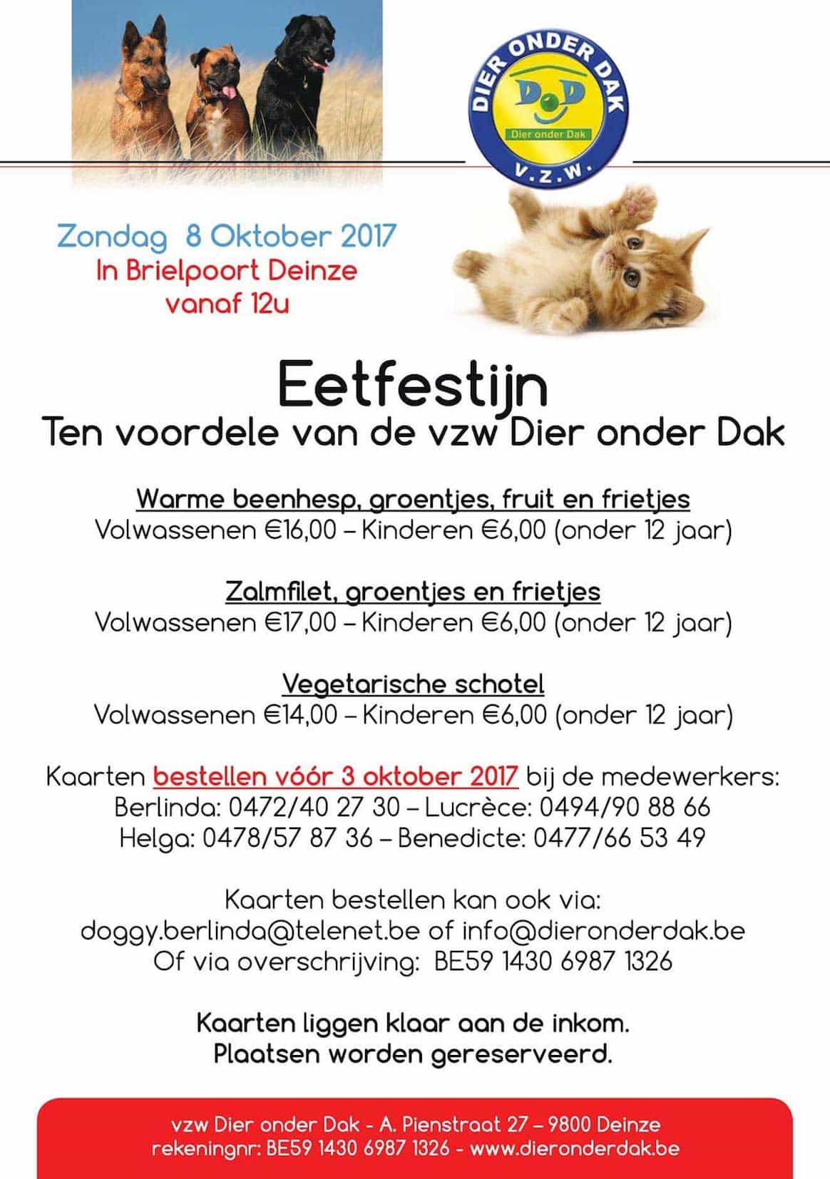 8 okt. eetfestijn ten voordele van vzw Dier onder Dak