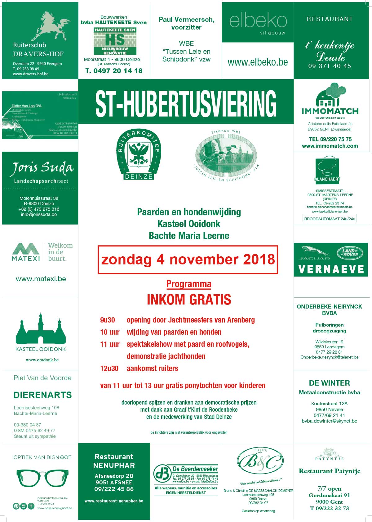 Zondag 4 november gaat de traditionele Sint-Hubertusviering van Deinze door.
