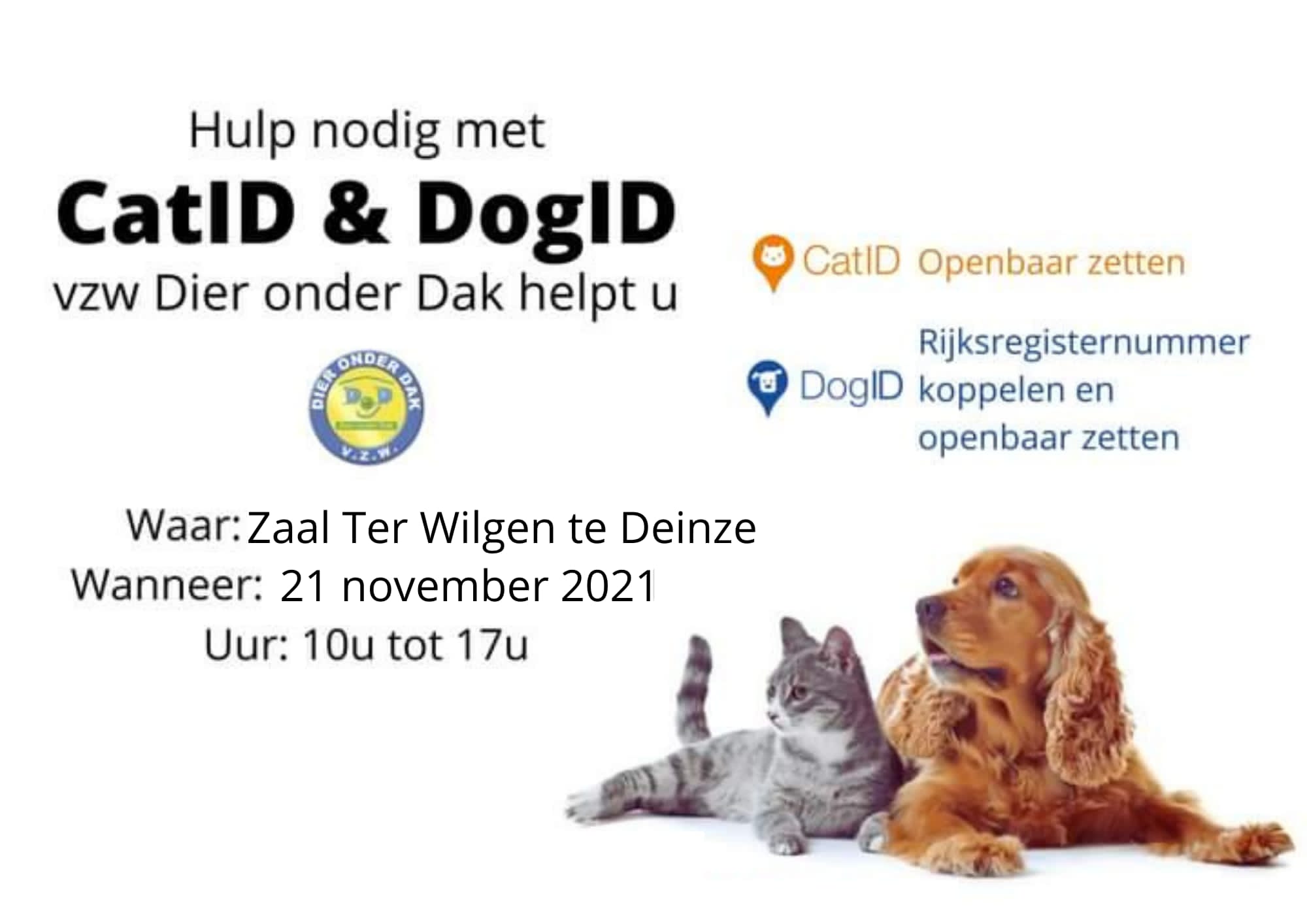vzw Dier onder dak heeft gratis hulp bij het openbaar zetten van de chipgevens in DogId en CatId