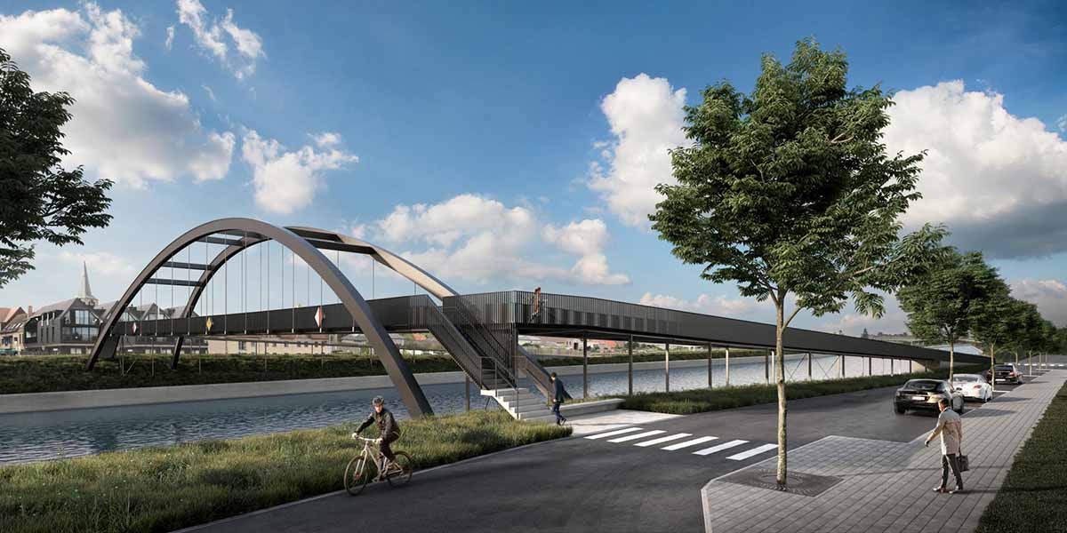 Tijdelijke fietsers- en voetgangersbrug tijdens werken nieuwe Lovelingbrug in Nevele