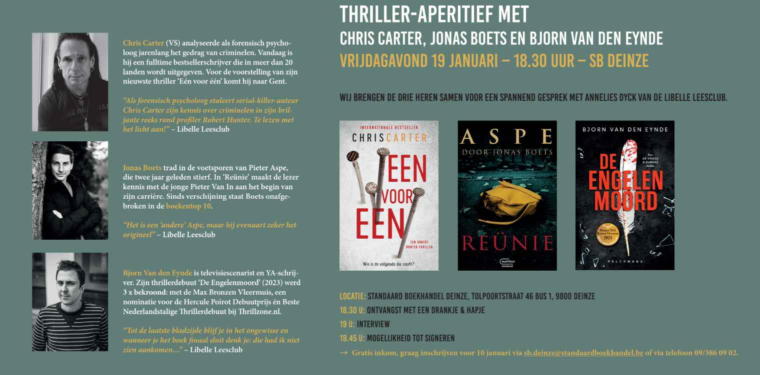 Thriller-aperitief in Deinze met Chris Carter, Jonas Boets en Bjorn Van den Eynde
